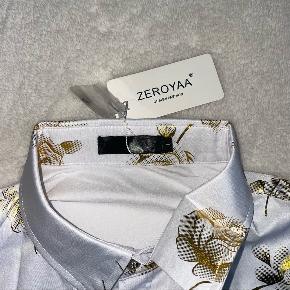ZEROYAA Men's Floral Slim Fit Long Sleeve new white tags Size L - Picture 7 of 10